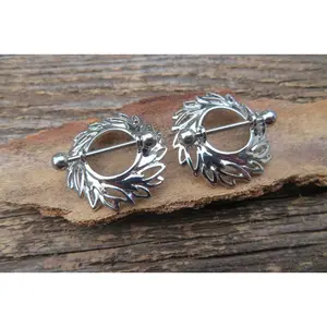 Boho Leaf Silver 14G or 16G Nipple Shields Pair
