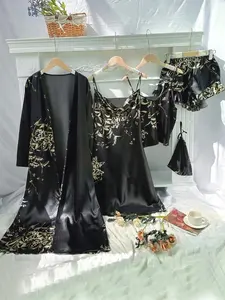 Plus Size Floral Print Five-piece Set, Draped Dress & Ruffle Shorts & Cami Top & Long Sleeve Belted Robe & Bag, Casual Comfy Loungewear Set（gift）Gift