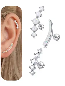 Women's 3-Piece Cartilage Stud Earring Set, 316L Stainless Steel, Opal & Cz Stones, Silver Color Options