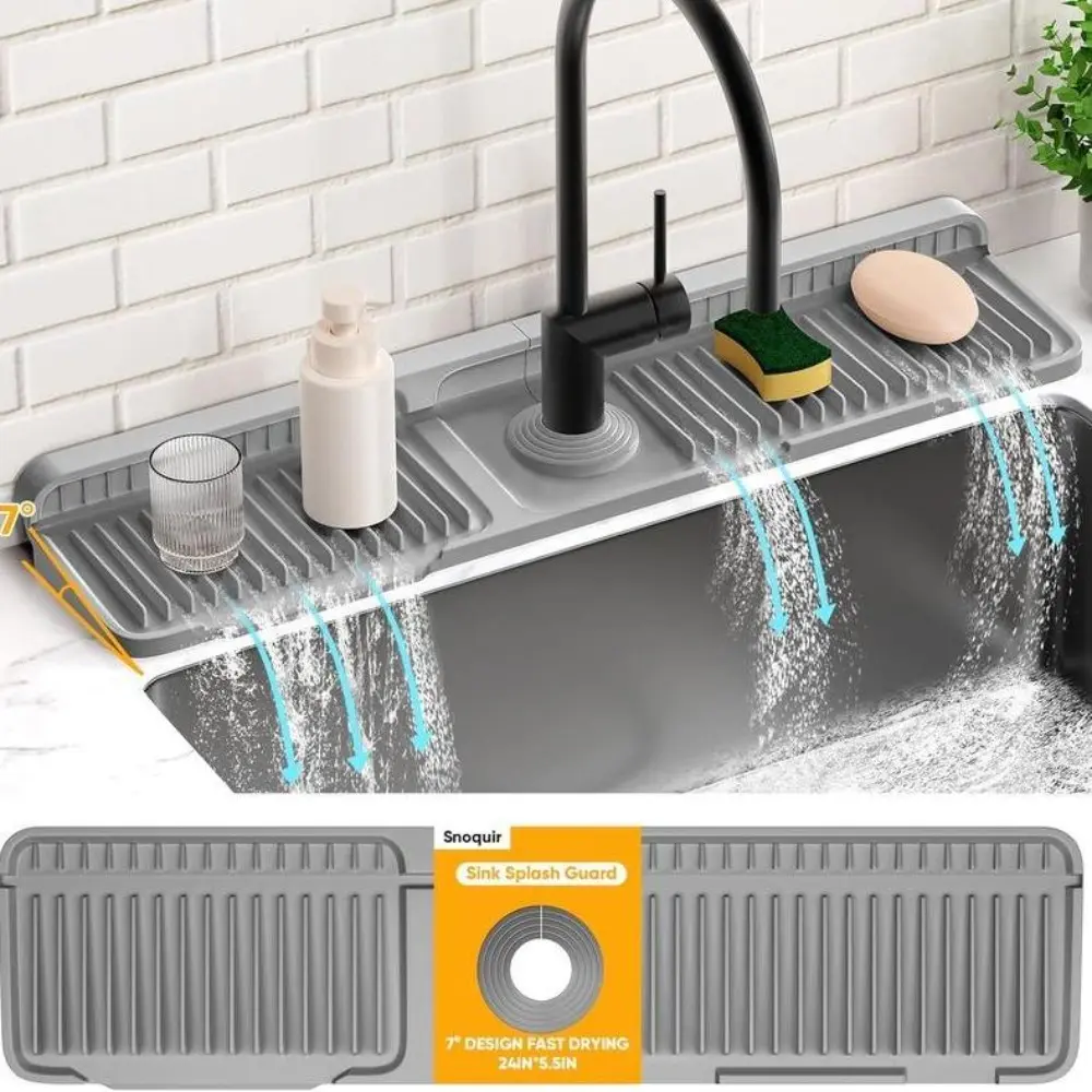 24-Inch Silicone Kitchen Sink Faucet Mat, 5° Slope Fast Self-Draining Water Splash Guard, Longer Non-Slip Sink Protector, Easy-to-Clean Home Organization Accessory for Countertop Protection, Sink Protection