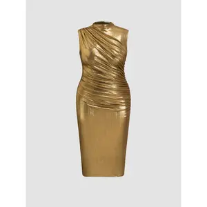 Cider [2 colors, size 0-26] Metallic Stand Collar Solid Ruched Midi Dress Curve & Plus SwimWeek