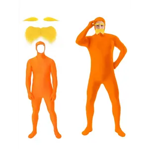4pcs Orange Jumpsuit with Yellow Mustache & Eyebrows - Slim-Fit Long Sleeve Hooded Jumpsuit for Teenager, All-Season Party Outfit with Pants, For Teenager