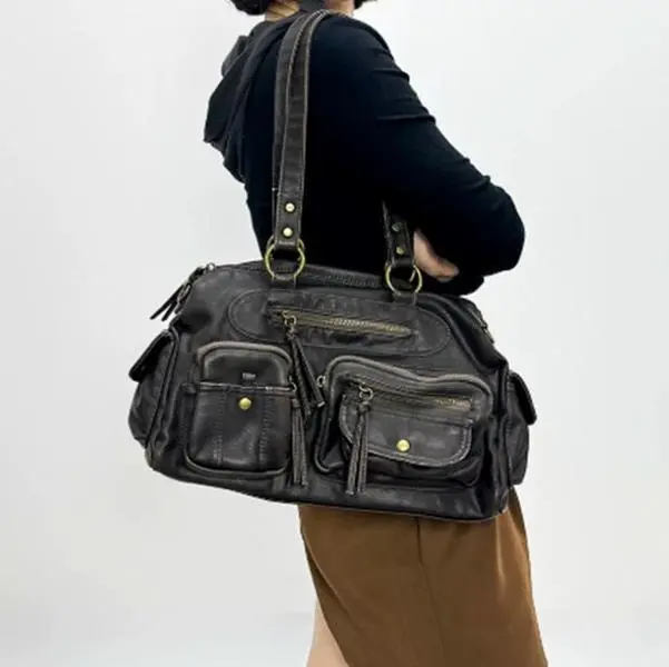 Women’s Vintage Washed Faux Leather Y2K Motorcycle Bag, Large-Capacity Multi-Pocket Shoulder Tote & Crossbody Handbag