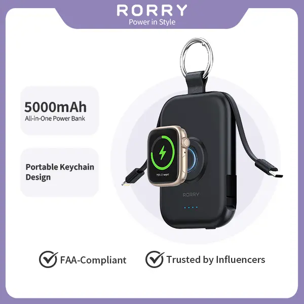 RORRY CharmGo 5000mAh Keychain Power Bank – Built-in USB-C and Lighting Cable, Ultra-Compact Travel Charger for   All iPhones & Apple Watches Device summerwins