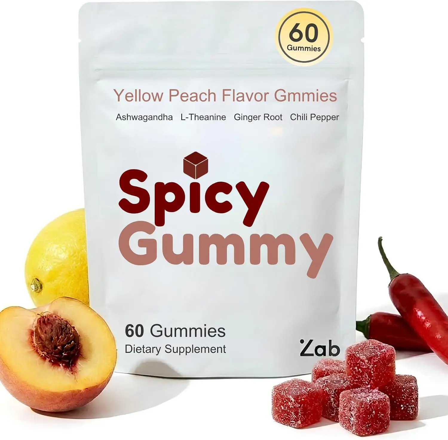 Spicy Gummies Cubes Ashwagandha 45mg with L-Theanine & Caffeine – Energy, Calm & Mood Support Gummies for Couples – Vegan Yellow Peach Flavor, 60 Count