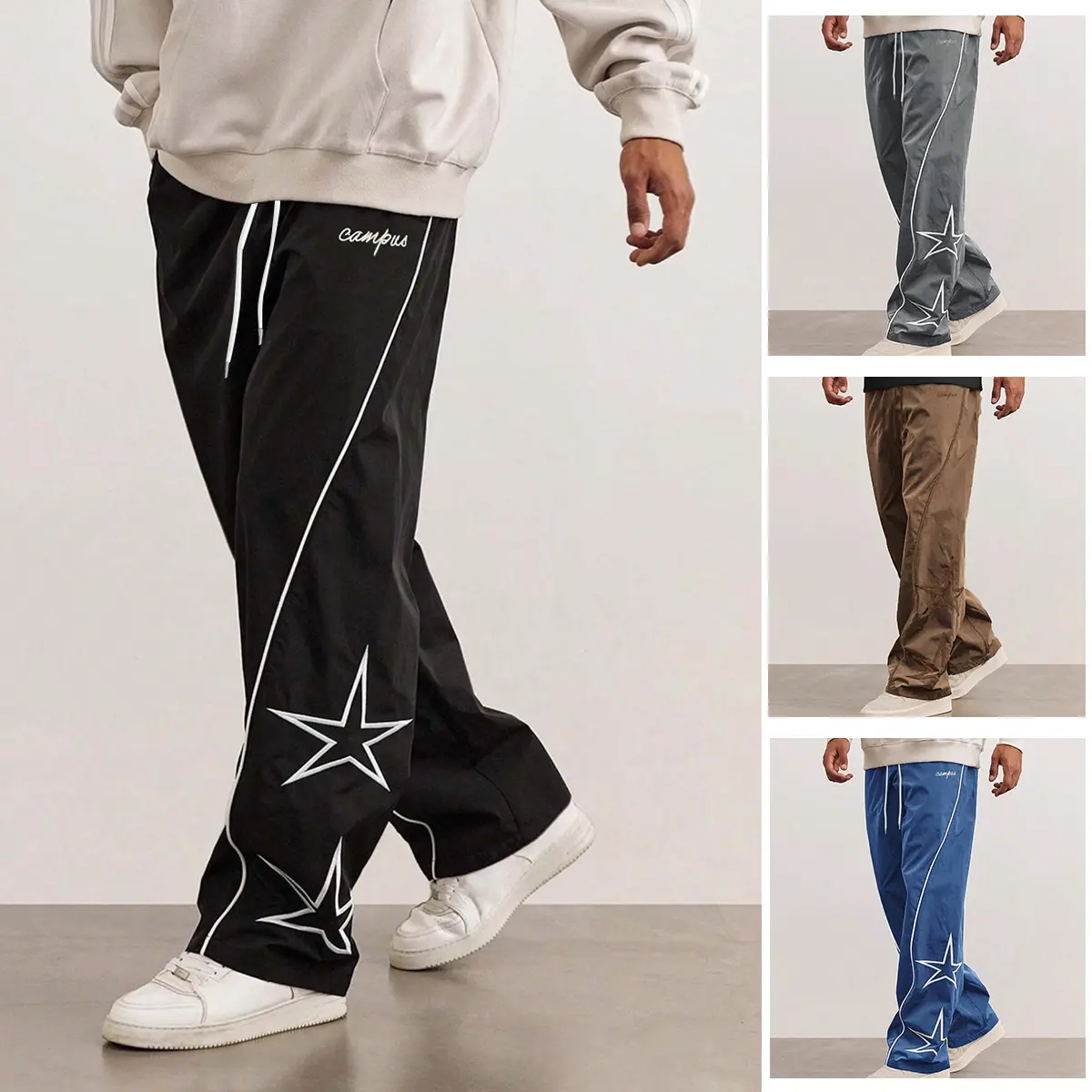 Vv-selected men’s sweatpants with star embroidery — fashionable casual joggers with pockets, soft and comfortable tapered sweatpants for lounging, streetwear, everyday wear, and outdoor sports