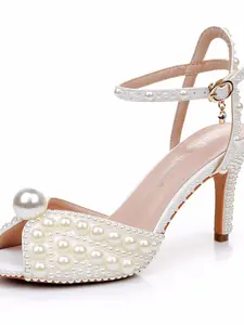 Bride Pearl Decorated High Heel Open Toe Buckle Round Toe Fish Mouth Classy Sandal Shoes, Elegant Wedding Footwear, Comfortable Bridal Shoes