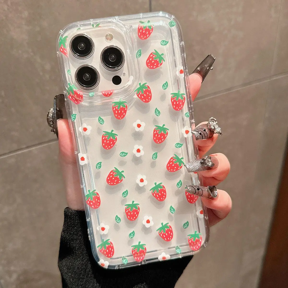 Cartoon Strawberry Pattern Clear Phone Case, Decorative Phone Protector Cover, Phone Accessories Compatible with iPhone X 11 12 13 14 15 Plus 15 Pro M