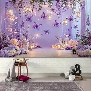 1PC,2D Flat Ins Style Purple Butterfly Flower Wall Backdrop, Birthday Party Photography Decor Curtain, Dreamy Light Floral Scene Decoration Tapestry, Festival Event Photo Background Prop