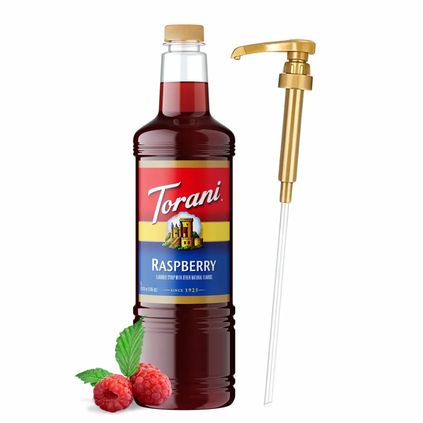 Torani Raspberry Syrup - 1L Bottle with Pump, Premium Sweet & Tart Natural Berry Flavoring with Pure Cane Sugar for Coffee, Beverages, Desserts, Beverage