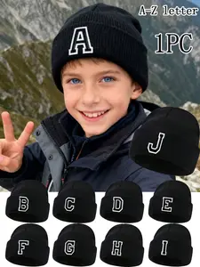 Knitted Hat with Letter Pattern, Pure Color Beanie for Boys and Girls, Warm Outdoor Autumn Winter Sport Wear, Winter Skull Cap, 3-8 Years