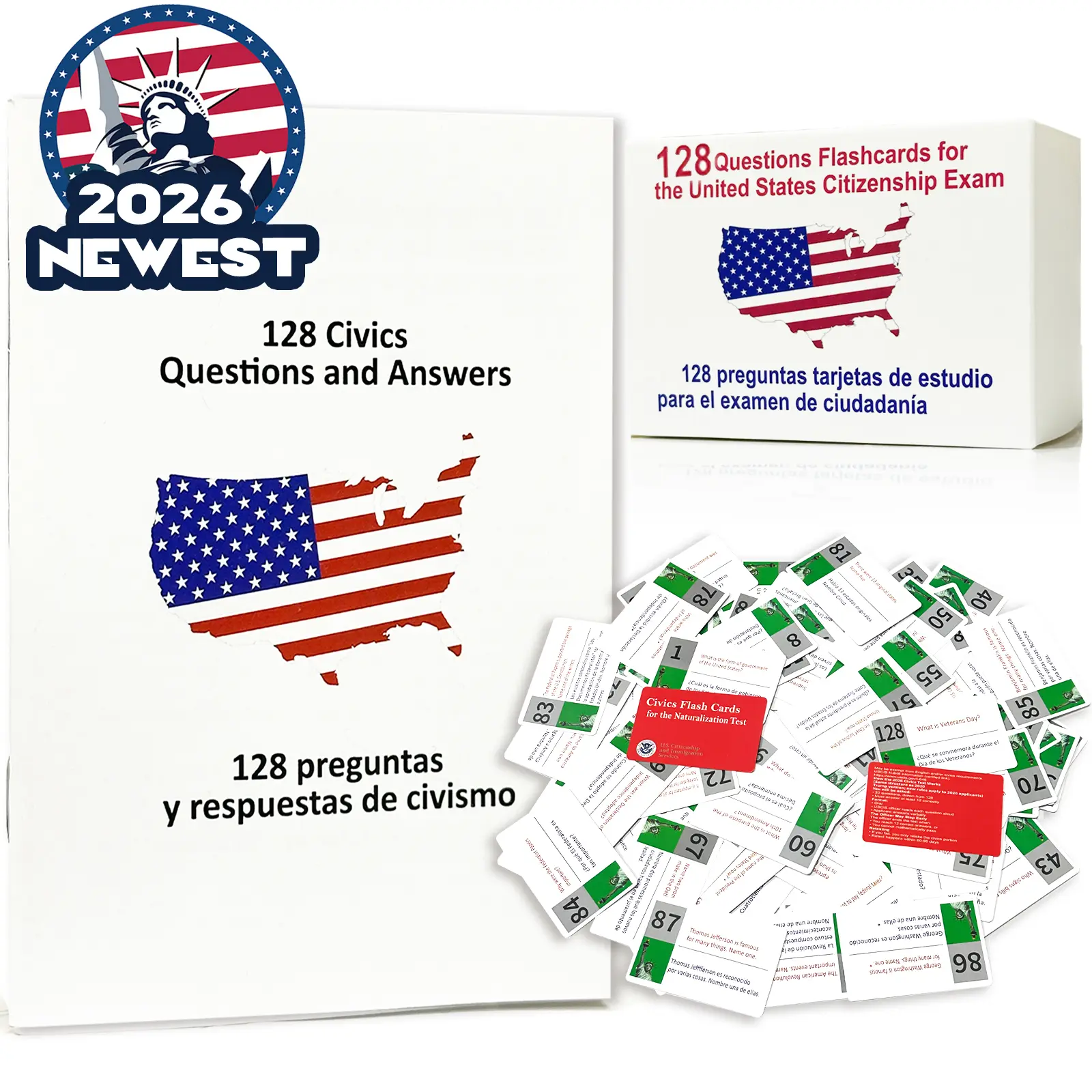 2026 US Citizenship Bilingual Instruction Cards, 128 USCIS Questions & Answers Study Guide (Spanish & English) for American Citizenship Preparation summerwins,summerwins