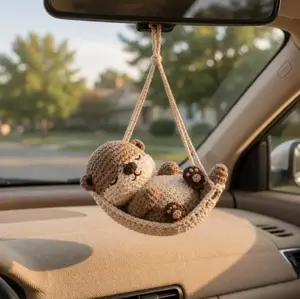 Sleeping Otter Car Hanging Crochet Plush, Handmade Rear View Mirror Charm, Cute Amigurumi Otter Ornament, Car Accessories, Animal Lover Gift