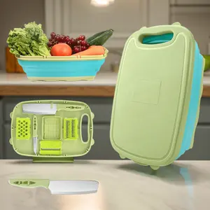 Camping Cutting Board, 9-in-1 Collapsible Chopping Board with Colander, Gifts for Campers Happy Camper,Camping Accessories for RV Campers (Blue Green) Makeup Portable Kitchenware