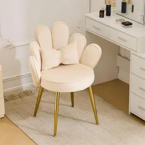 VINGLI Petal Makeup Vanity Chair with Back,Flower Cute Girls Desk Chair Comfy No Wheels,Modern Dining Chair,Small Accent Chair with Adustable Gold Legs&Bow Pillow for Home Office,Bedroom,Velvet