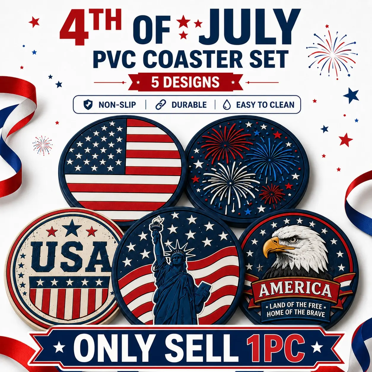 4th of July PVC Coaster Set, 5 Patriotic Designs, Heat & Stain Resistant, Non-Slip, Easy to Clean, Perfect for Home, Kitchen, Party, BBQ
