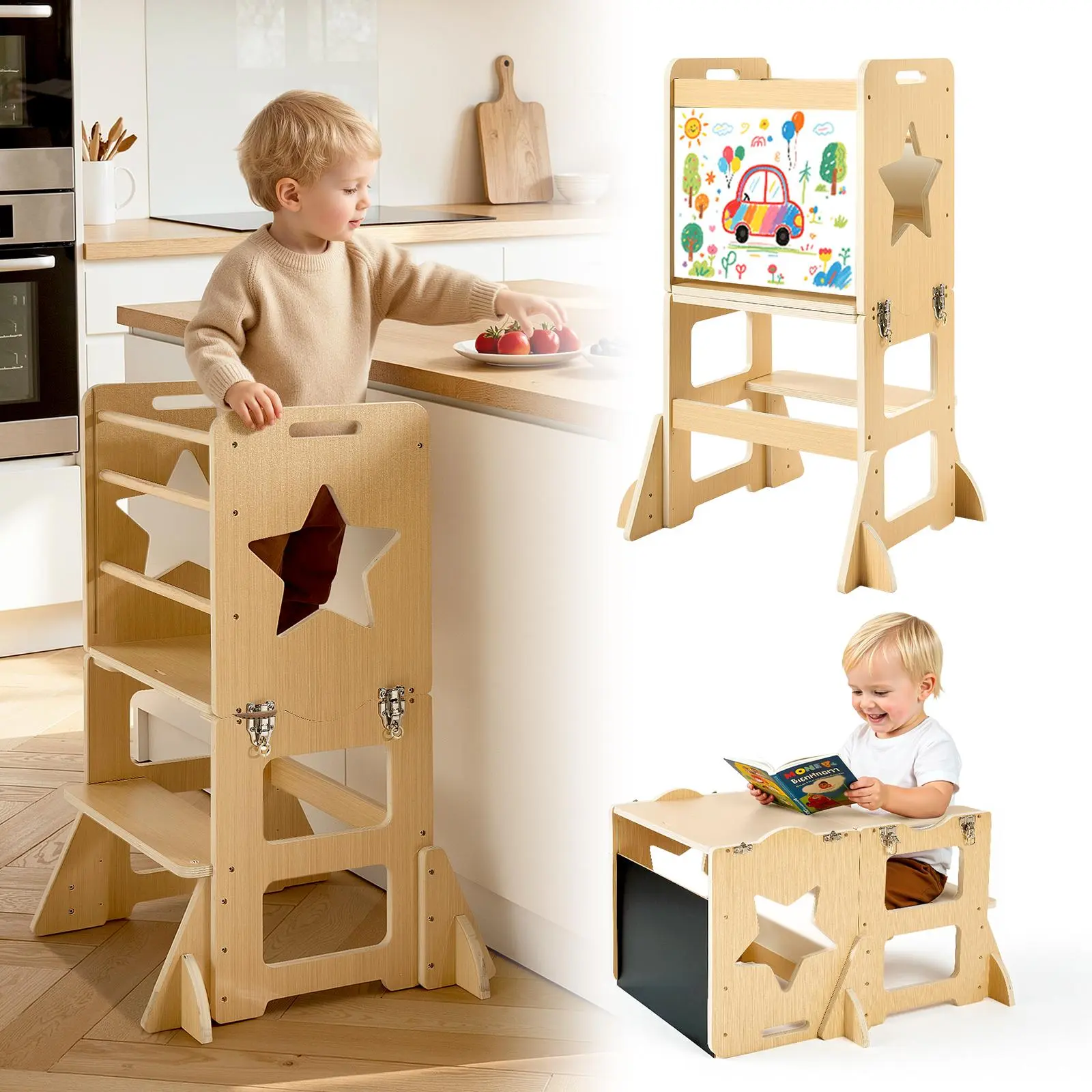 【SummerFinds】VEVOR Toddler Tower, Wooden, 4 in 1 Kitchen Step Stool for Kids 1-5, Montessori Weaning Table and Chair Set, Learning Standing Tower with Chalkboard, Easy to Clean, for Bathroom and Kitchen Counter