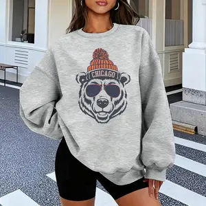 Women's Pattern Hoodie - 'CHICAGO' Sunglasses Bear Print, Gray Cotton Knit Crewneck Sweatshirt, Breathable with Slight Stretch