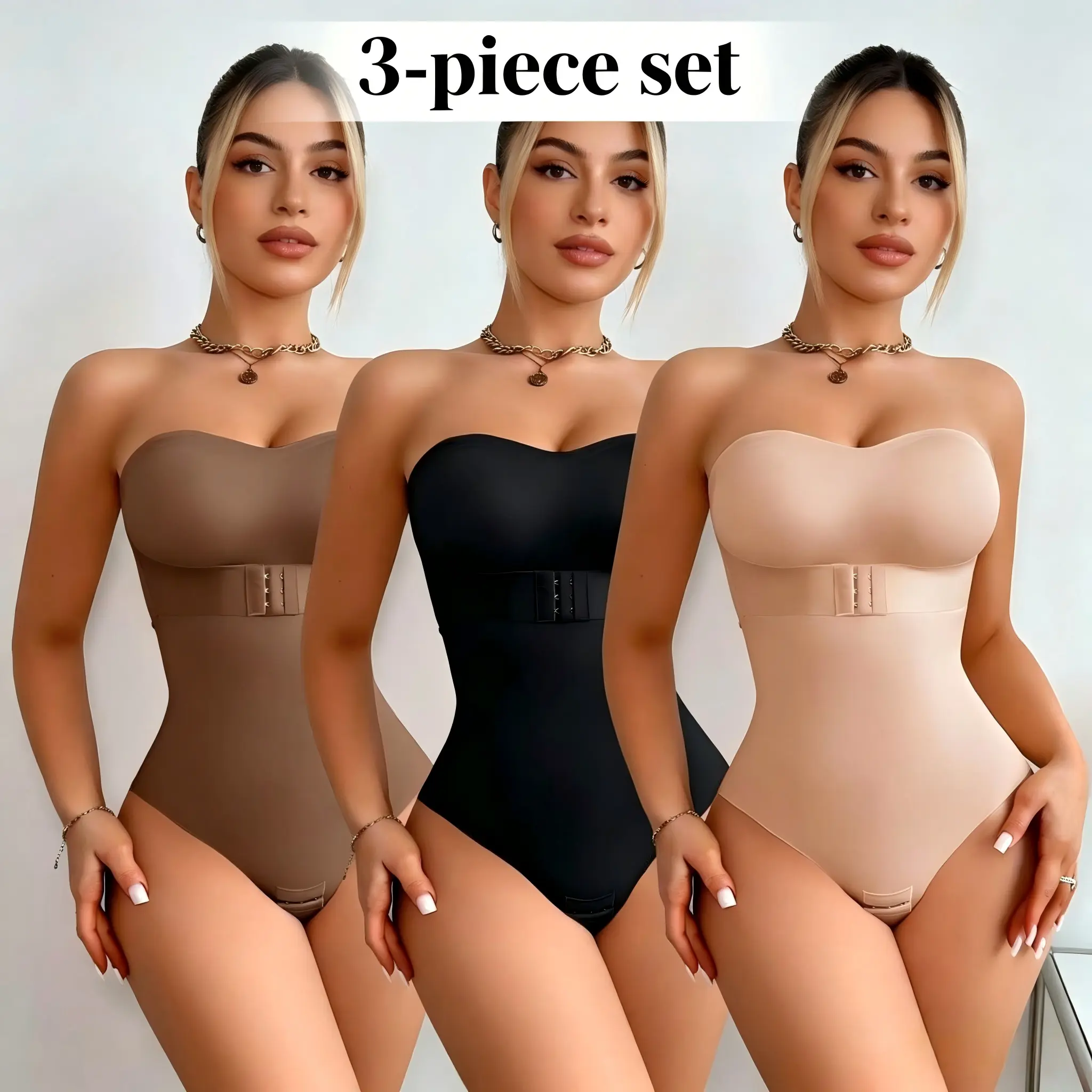 Women's Minimalist 3-Piece Compression Basic Sports Shapewear Set - Thong, Invisible Adjustable Shoulder Straps, Anti-Slip Strips, Abdomen-Tightening Row Buttons, Seamless Waist Cinching, Strapless Option