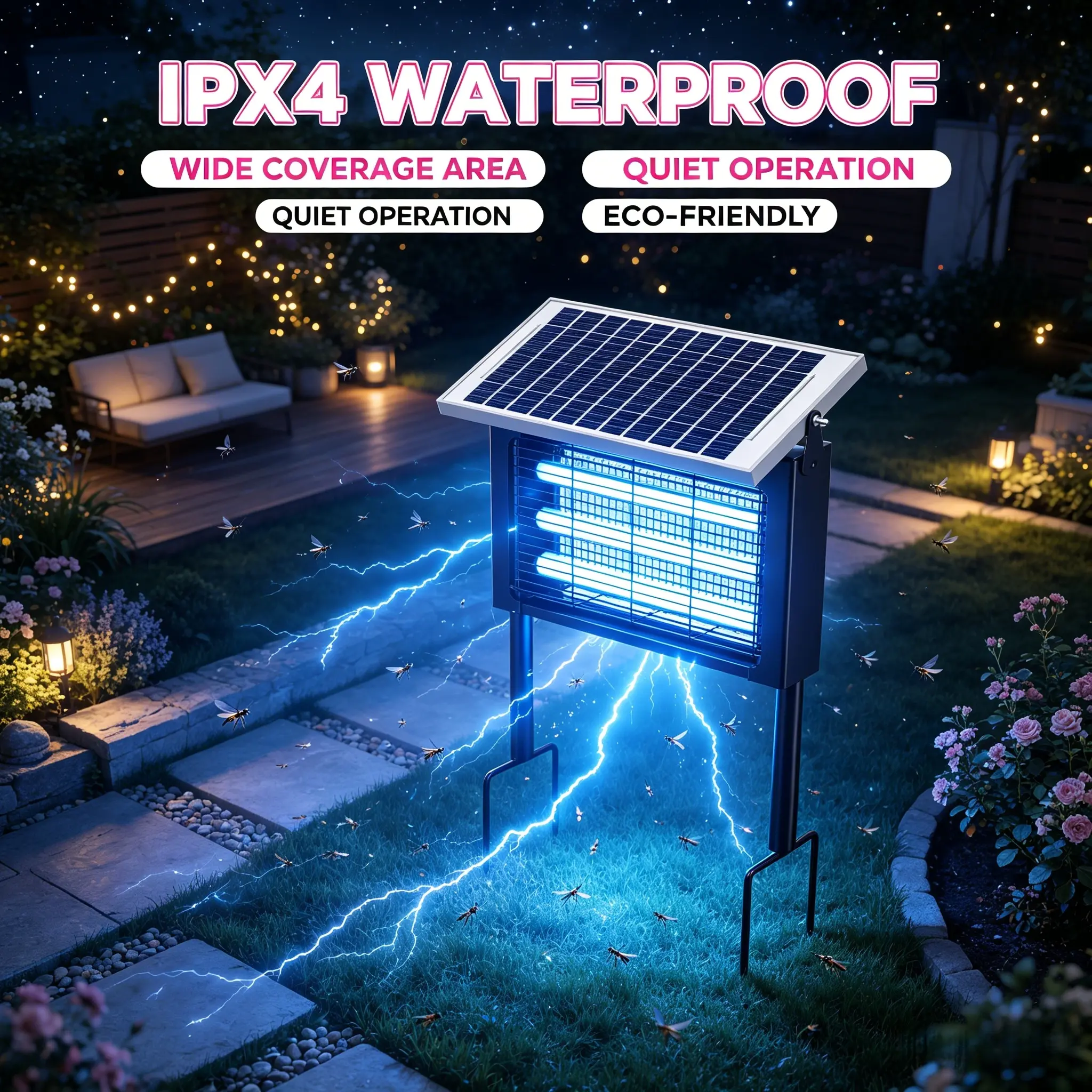 Upgraded 2026  New Solar Powered Insect Trap 4 LED Tubes 30W Dual USB & Solar Charging Waterproof Mosquito Killer Lamp for Yard Garden Courtyard Lawn