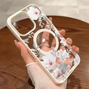 White Flower Pattern Magnetic Phone Case Supports Wireless Charging  for iPhone 17 16 15 14 Pro Max 13 12 11 XR XS Plus Non-Yellowing Shockproof Non Slip Protection Silicone Transparent Acrylic Cover