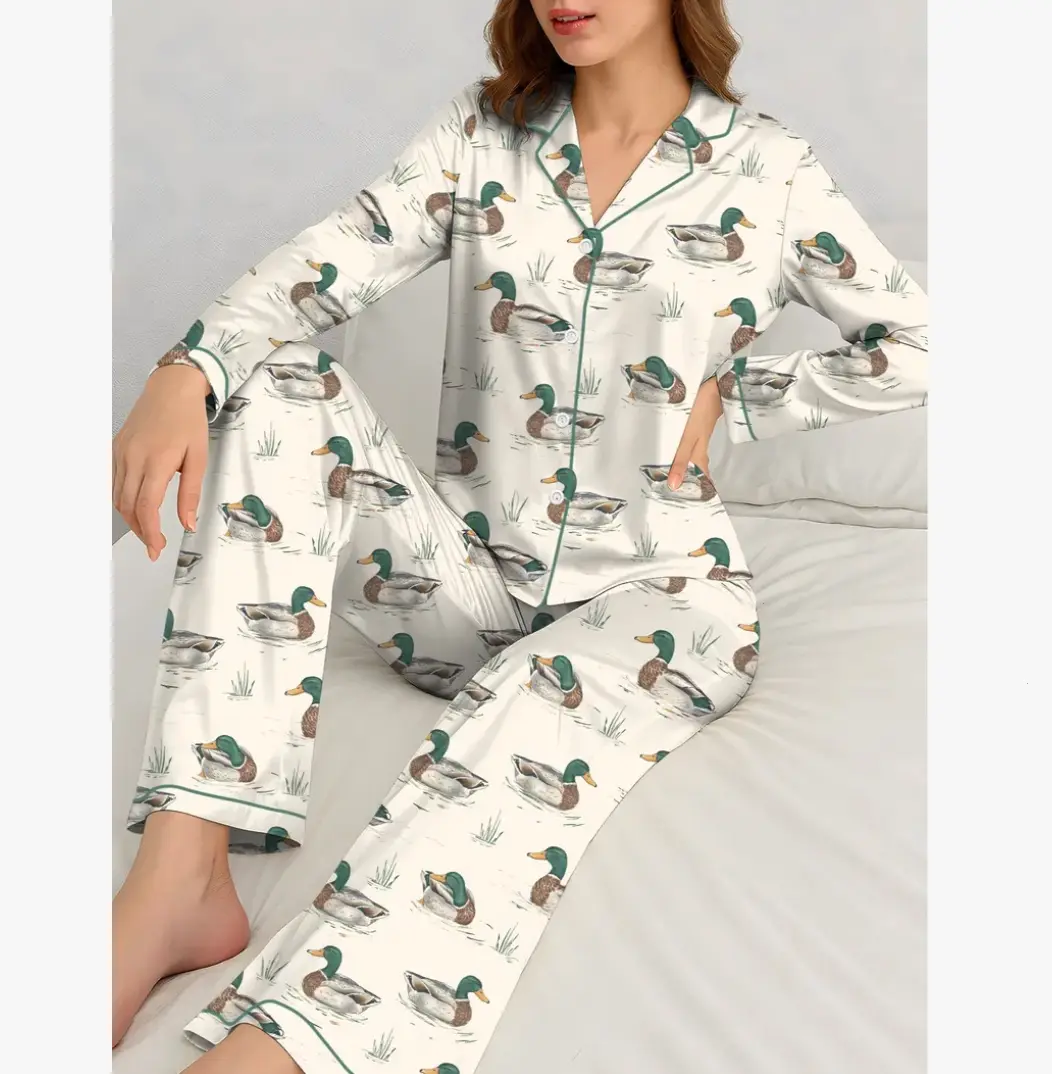 [Youth & Adult] Bundle Duck Camo Hunting Satin Pajama Short and Long Set for Women and Kids, Vintage Camo Satin Premium Sleepwear Loungewear, Camo Gift for Her, Casual Womenswear