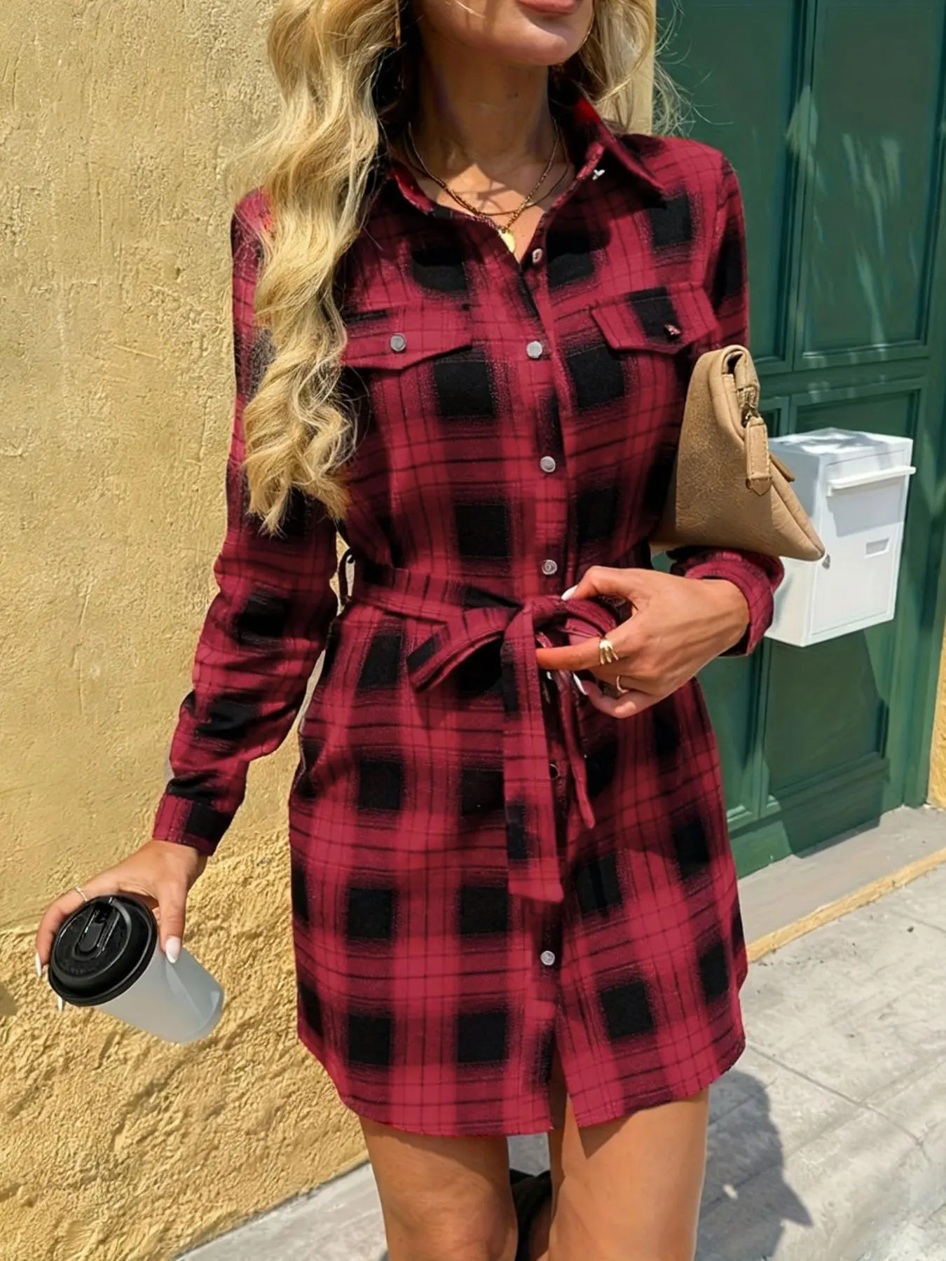 Vintage Plaid Shirt Collar Mini Dress with Self-Belt, Elegant Commuter Women's Fashion Long Sleeve, Stylish Office Wear