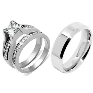 Lanyjewelry 3-PCS Couple Wedding Ring Set - Women's 7x7mm Princess Cut Cubic Zirconia Ring with Brilliant Sides, Men's Tarnish-Free Flat Stainless Steel Matching Wedding Bands, Cubic Zirconia Rings