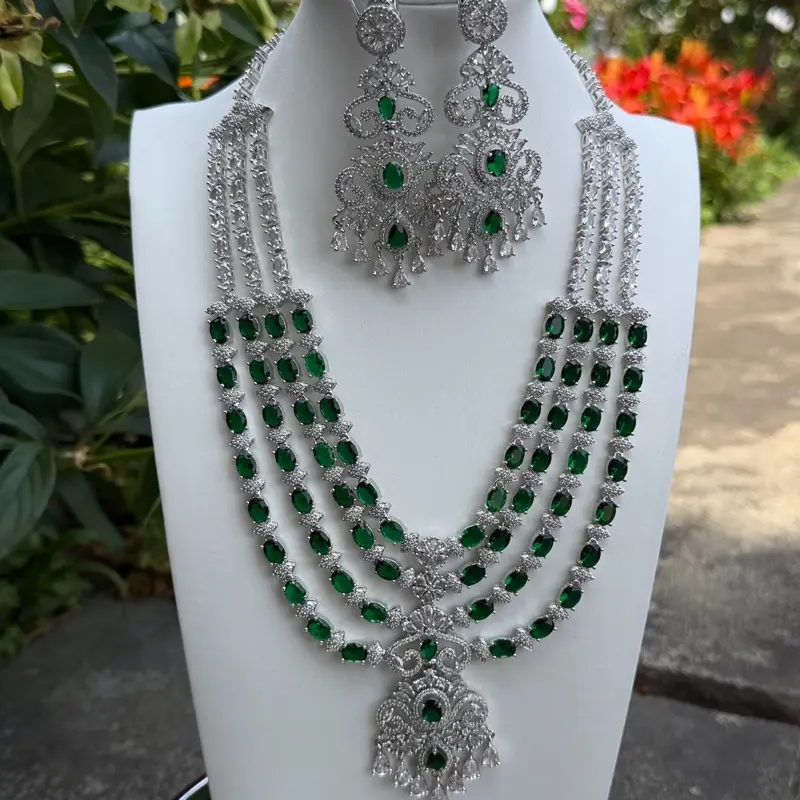 AD Premium quality Necklace Set with earrings and tikka green color with 4 layers