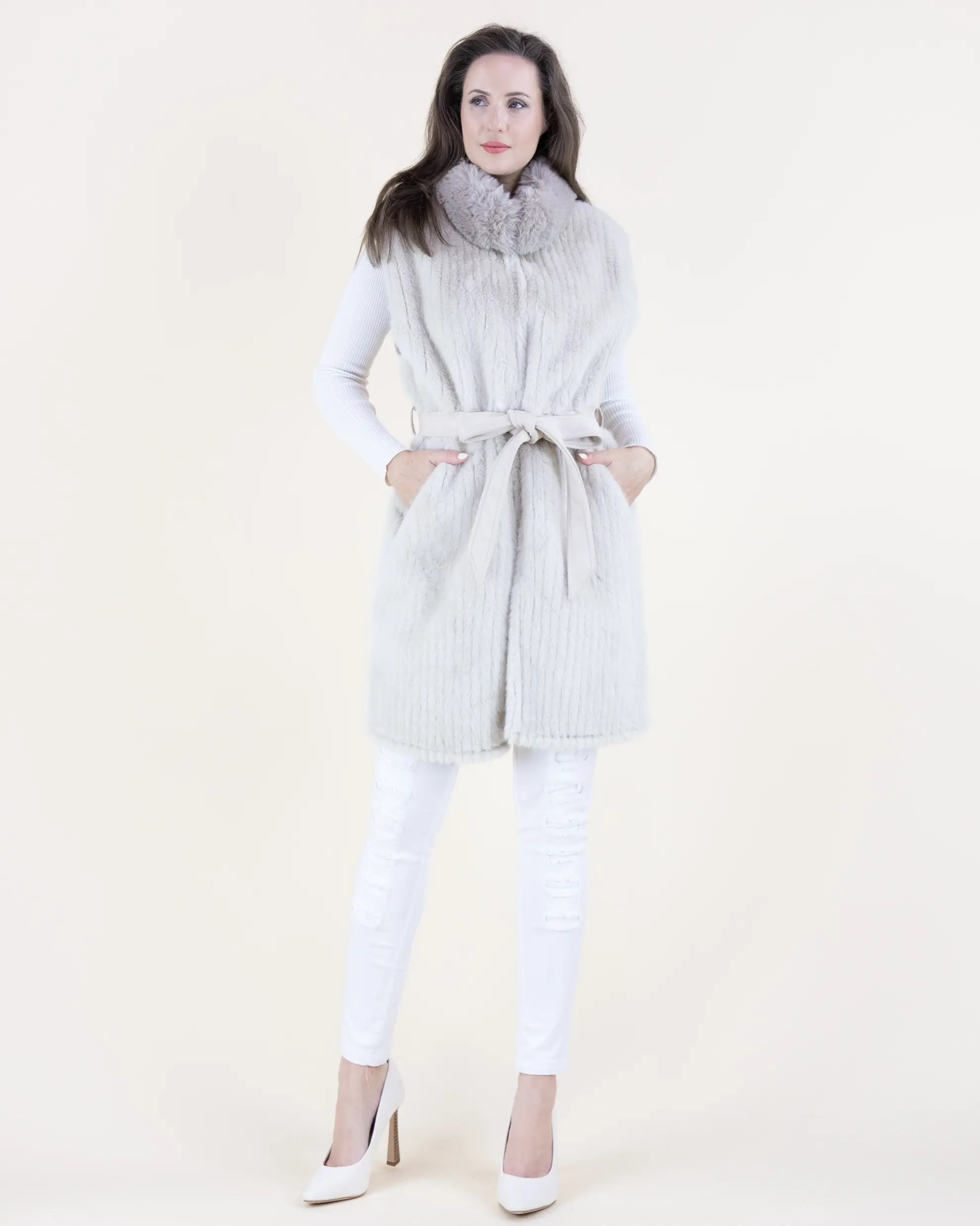 Women's Belted Adjustable Open Front Faux Fur Vest with Plush Collar, Chic Elegant Tops for Women, Adjustable Vest