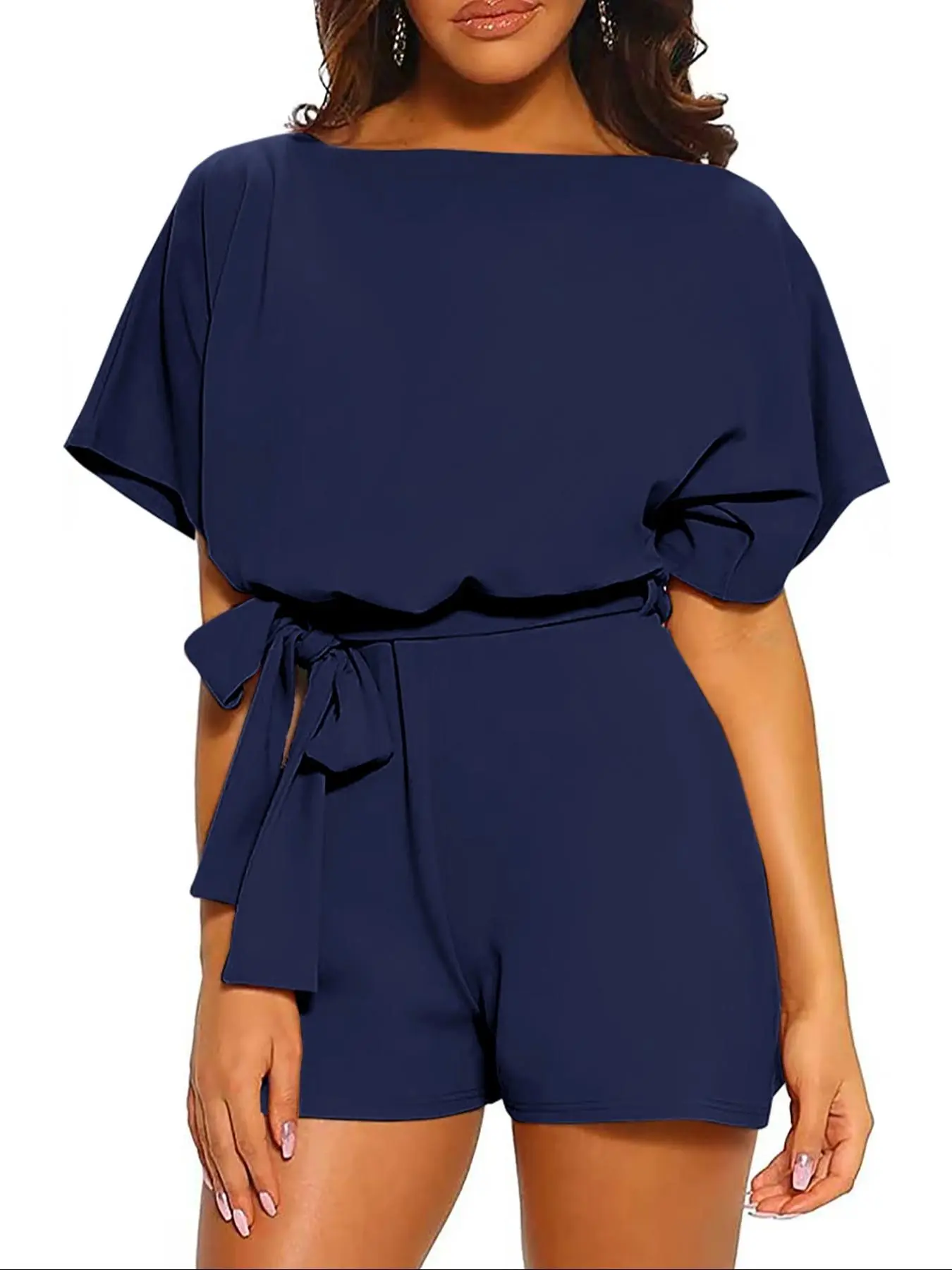 Women's Solid Color Tie Side Fitted Batwing Romper, Basic Casual Lightweight Short Sleeve Everyday Romper for Summer, Fashion Women's Clothing for Daily Wear, Casual Comfy Romper, Womenswear Overalls