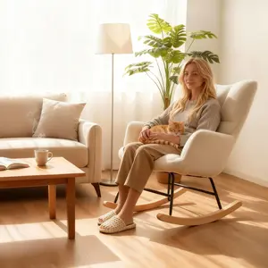 Soft Teddy Glider Rocking Chair with Wooden Legs, Comfortable Nursery Chair for Reading Rest Relaxing Corner in Bedroom Living Room Calm Seating Chair for Daily Home Use