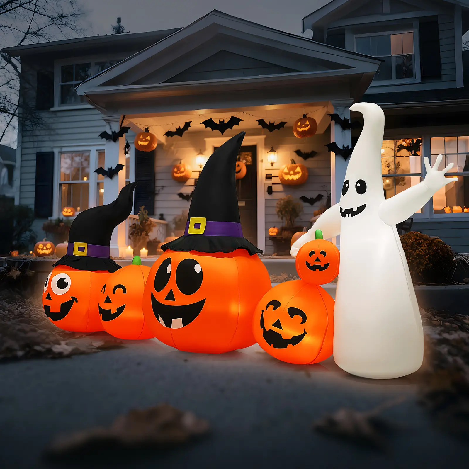 VINGLI 8FT Halloween Inflatable Wizard Hat Pumpkin Ghost Row with LED Lights - Spooky Outdoor Home Ornament, Halloween Party Prop, Holiday Decorations