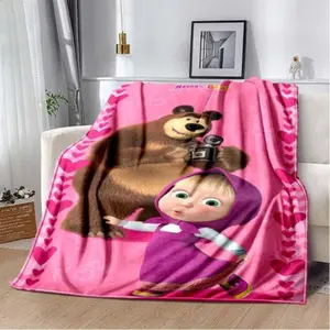 3D Masha And Bear Blanket Cute Cartoon Print Soft Flannel Plush Kids Throw For Bedroom Nursery Decor Gift Single-sided