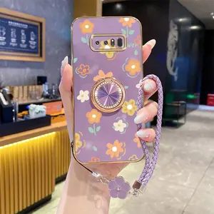 Note 8 Fashion Series Clover Strap Lanyard Phone Holder Case For Compatible With Samsung Galaxy Note 8 Plating Cover and Elegant Orange Cartoon Flowers Protector Cases