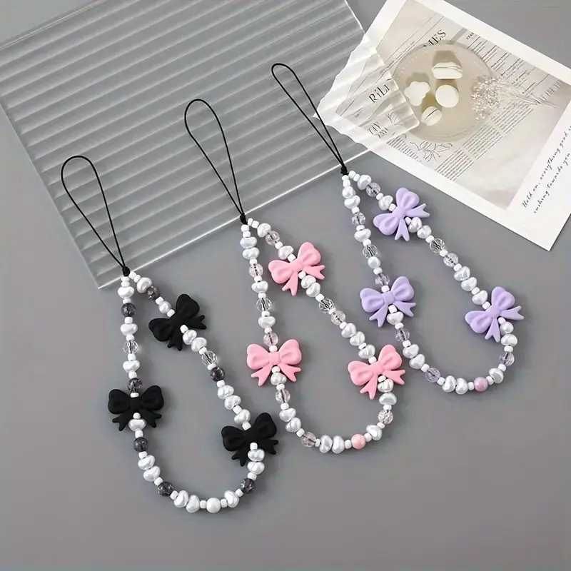 Dreamy Multicolor Bow Phone Charm, Pearl Beaded Strap, Cute Mobile Chain Accessory, Fashionable and Stylish Smartphone Decoration, Mobile Phone Lanyard, Cell Phone Charm, Phone Accessories, Phone Chains
