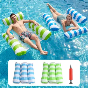 4-in-1 inflatable pool float hammock for adults, 2-pack heavy-duty PVC water hammock with cooling mesh seat, extra buoyant lake and pool float with pump and repair patch (light blue and green)