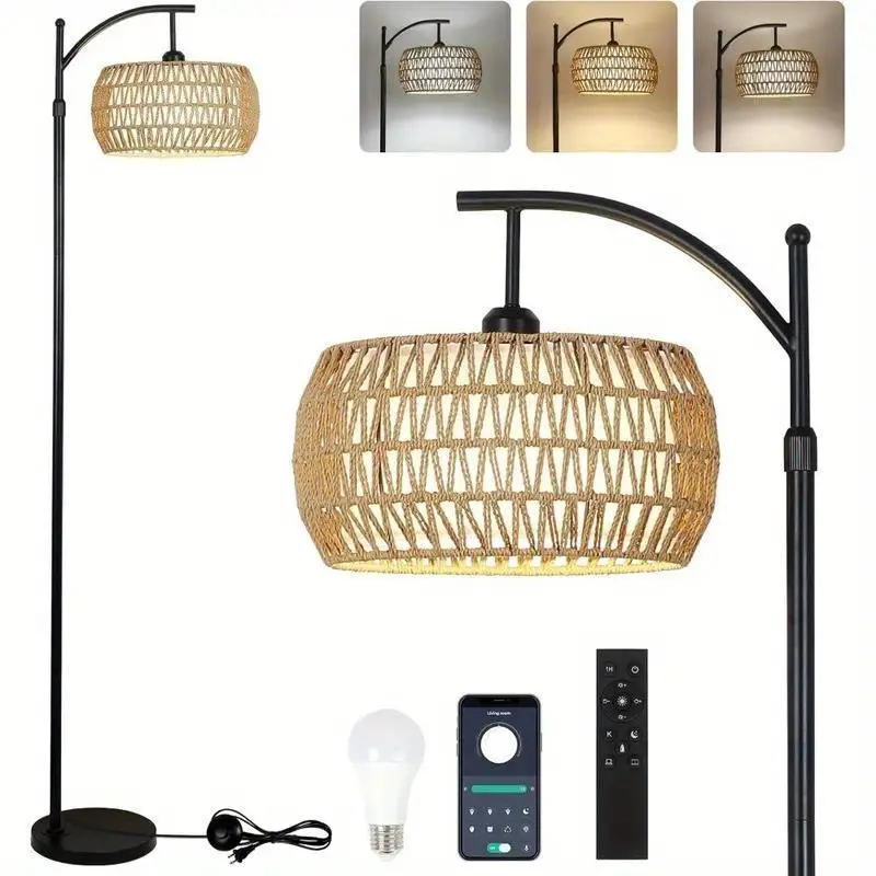 MATULSA Adjustable 360° Rotating Modern Farmhouse Arc LED Floor Lamp - Rattan Lampshade, App & Remote Control Smart Standing Decoration Lamp, AC Power, Mother's Day Gift for Living Room, Bedroom, Led Decoration Lamp