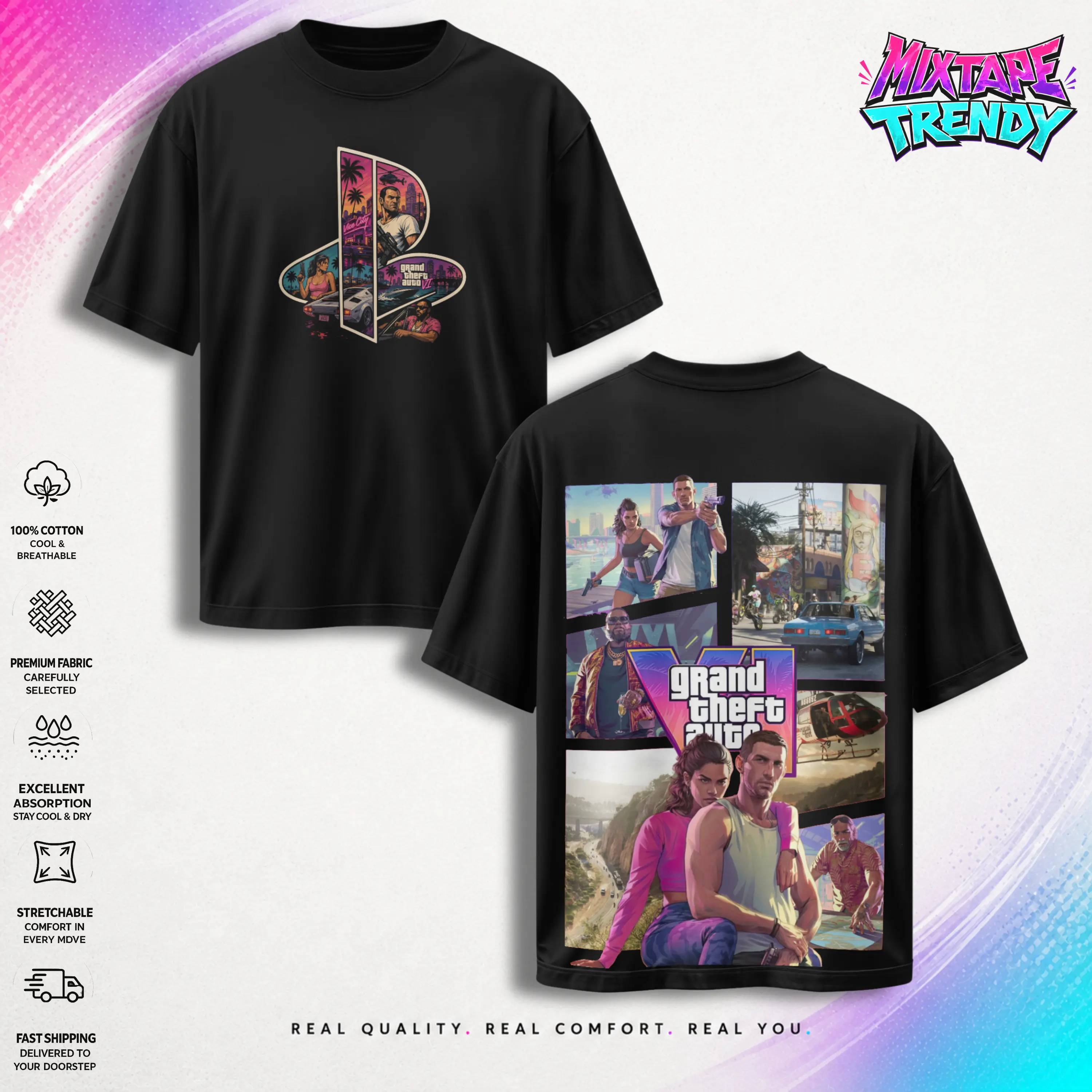 Grand Theft Auto VI 2026 Gaming Graphic T-Shirt, Vice City Shirt Open World Crime Adventure Game Streetwear – Y2K Unisex Top Trendy Streetwear Gift for Gamer Fans