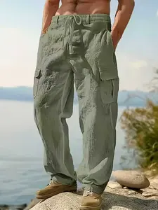 Men's Linen Workwear Pants with Drawstring Waist, Multiple Pockets, Straight Leg, Breathable Outdoor Beach Casual Long Pants