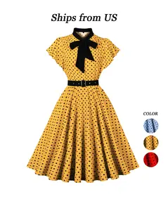 Women's short-sleeved round neck Slim thin and knee-length dress Europe and the United States retro polka dot floral dresses Casual Everyday Wear Womenswear