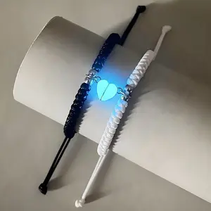 Luminous Love Couple Hand Rope Set Adjustable Heart Shaped Bracelet for Men Women Trendy Jewellery Accessories Black White