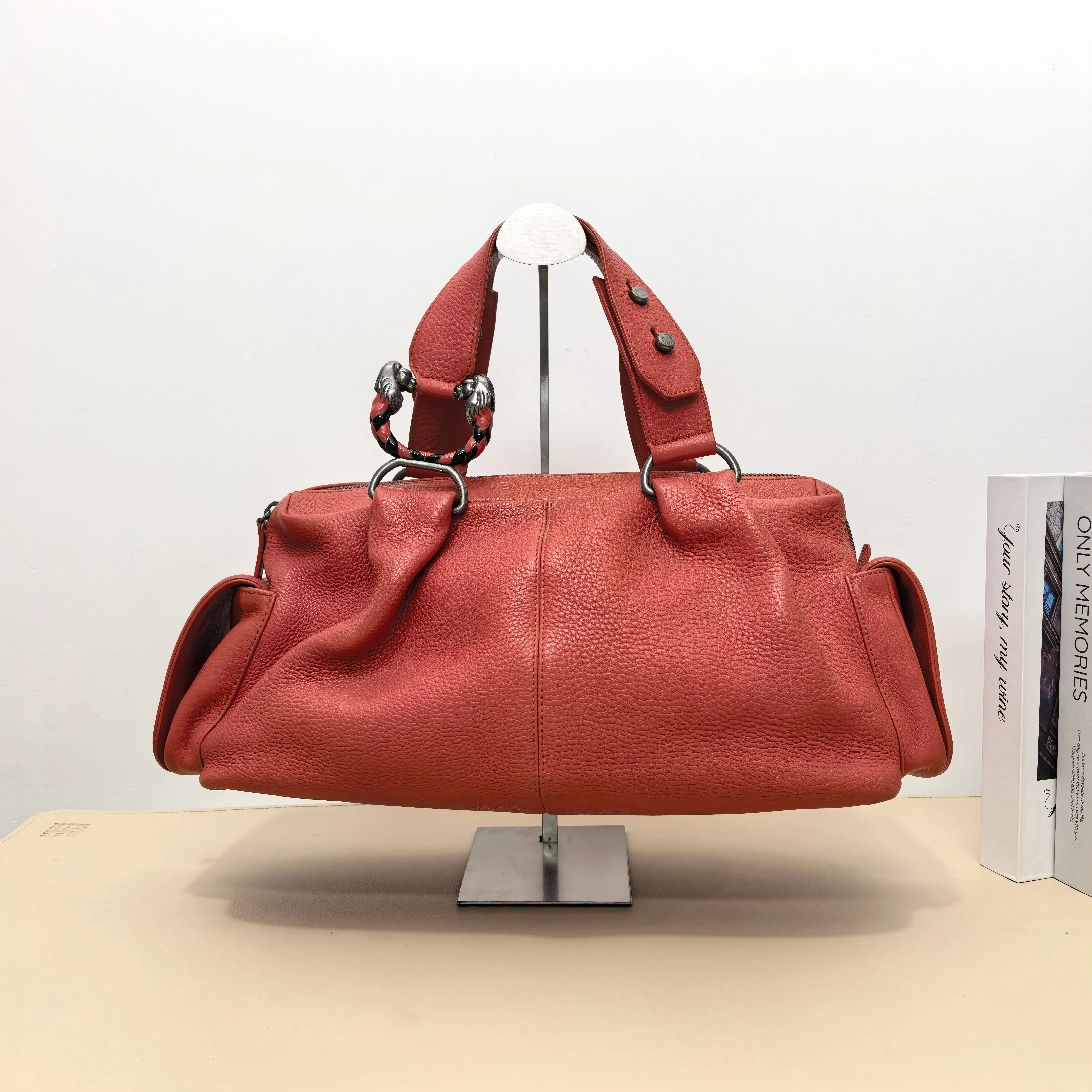 Pre-owned Bvlgari Calfskin Top Handle Bags Red Grain Leather Serpenti Accent Boston Handbag B8062503