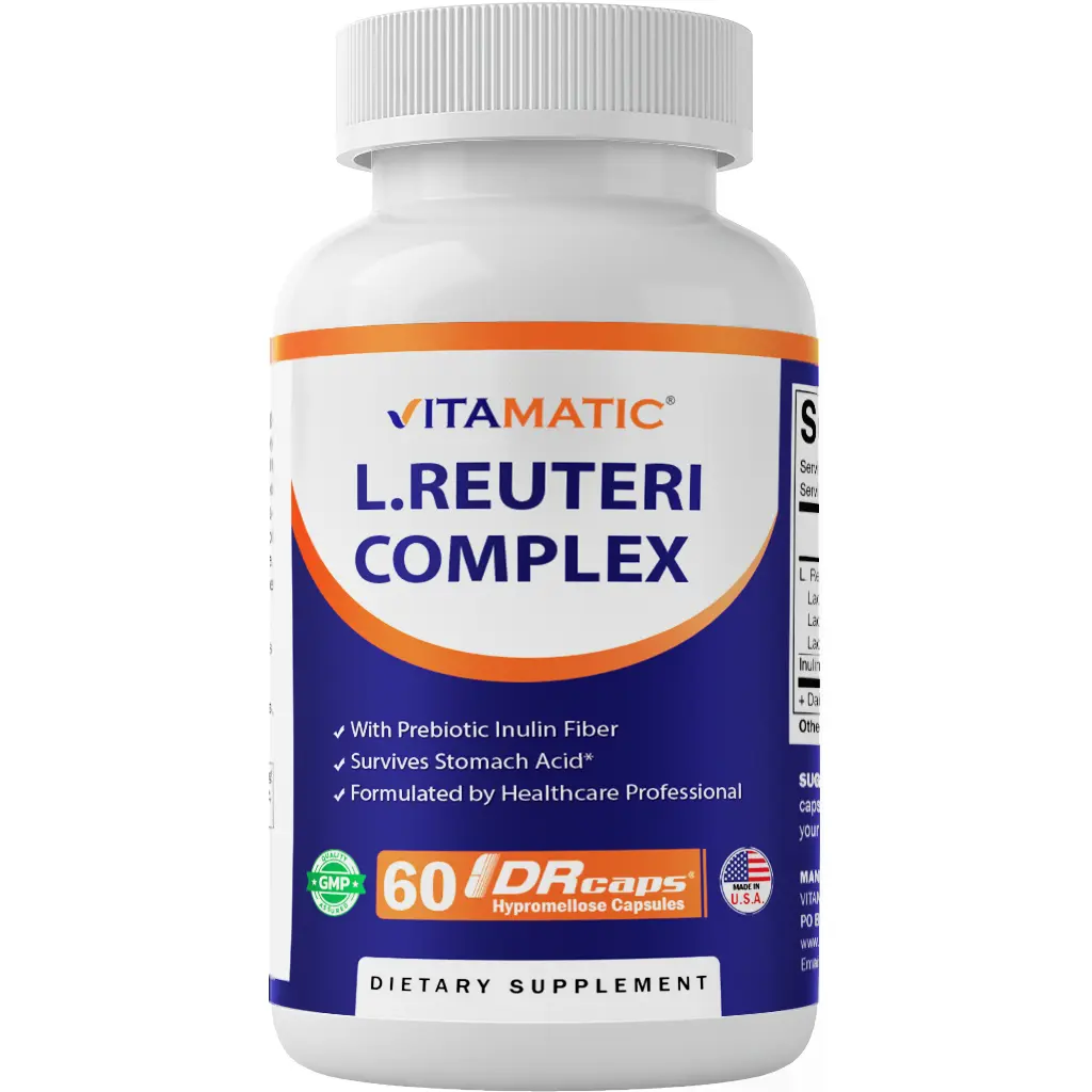Vitamatic Lactobacillus Reuteri Complex Dietary Vitamin Supplement Capsules - 22B CFU per DR Capsule, 60 Count, GMP-Certified, Digestive Support, Prebiotic Inulin Fiber, Lactobacillus Acidophilus, Acid-Resistant, Gluten-Free, Soy-Free, Sugar Free