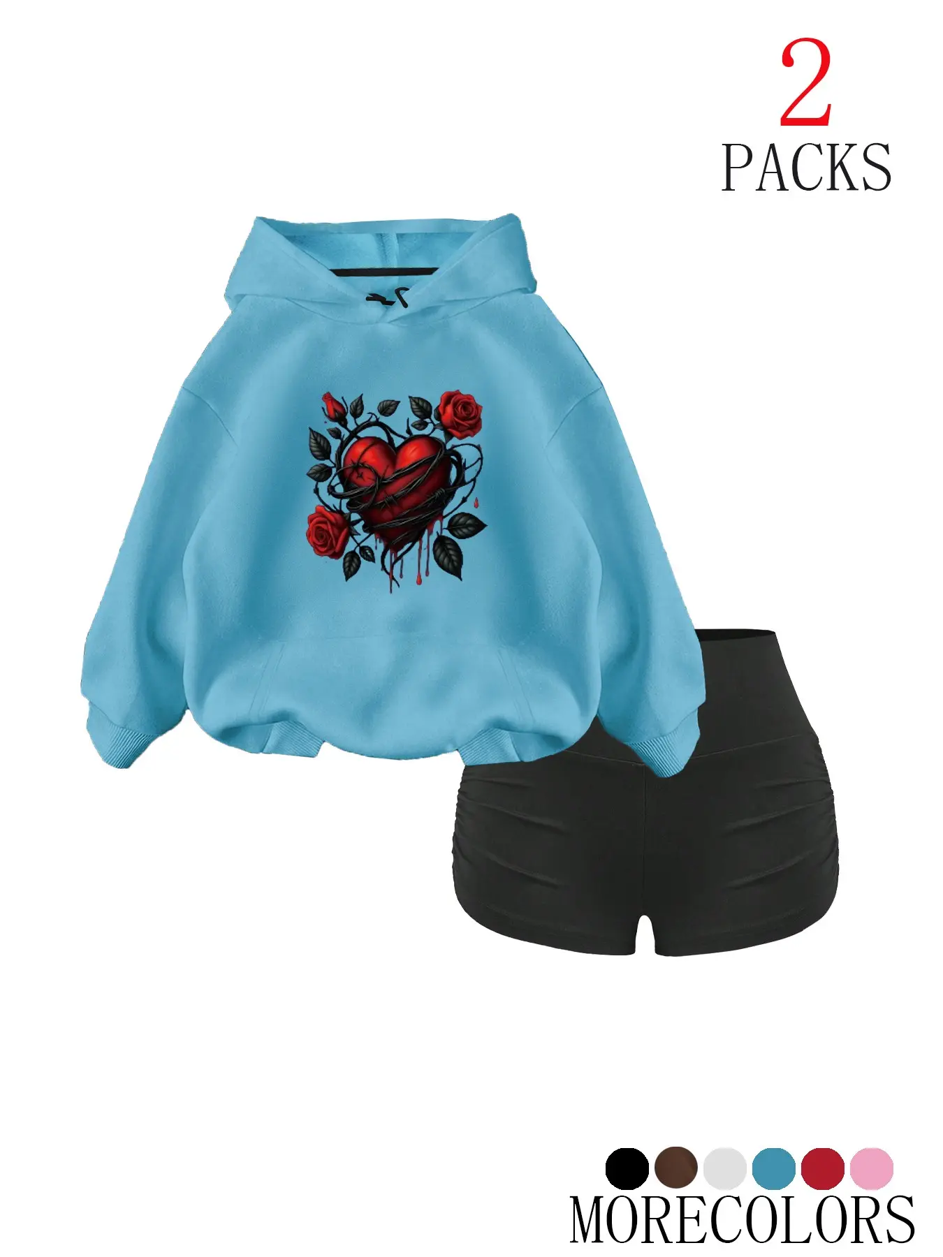 Women's Fall Winter Warm Hooded Sweatshirt Set, Preppy Style Casual Pocket Hoodie & Fitness Shorts, Heart Floral Print, Loose Fit