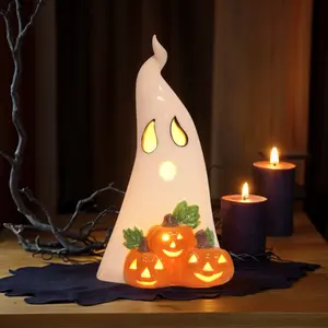 Halloween Ceramic Ghost Decor, Light Up Ghost Halloween Decor, Cute Ghost Figurines for Table Tray Fireplace Home Indoor Decoration Home Mantel Shelf