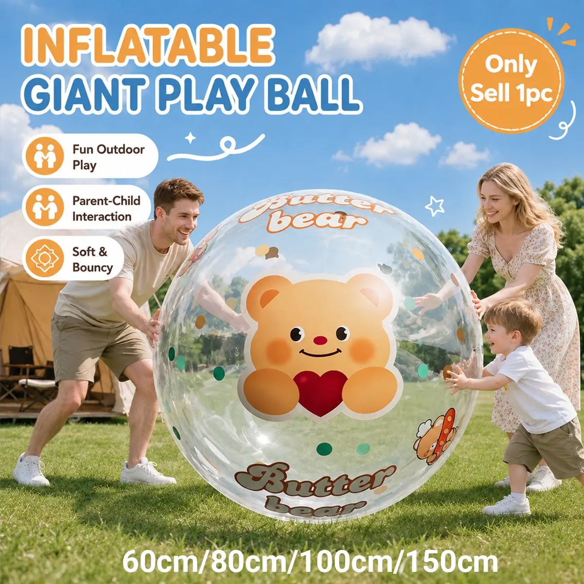 Giant Clear Inflatable Soccer Ball for Kids and Family Outdoor, Large High-Bounce PVC Beach Ball, Bouncy Ball, Cute Bear Pattern, Portable Summer Sphere, Includes Hand Pump for Quick Inflation, Compact Storage, Children's Day Gift, for Backyard, Pool