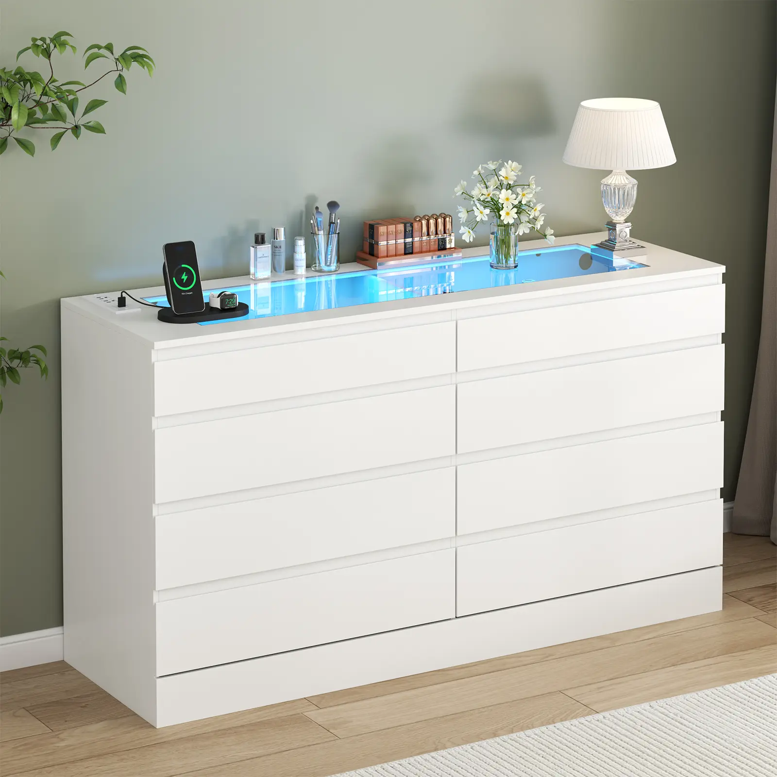 Gyfimoie 8 Drawer Dresser with Power Outlet, White Dresser for Bedroom Chest of Drawer with Glass Top & LED Light, Modern Double Wide Drawer Organizer Cabinet for Living Room