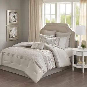 510 Design Ramsey Embroidered 8 Piece Comforter Set Neutral Queen Size Microfiber Quilted Printed Pintuck Details Hypoallergenic Polyester Filling Machine Washable
