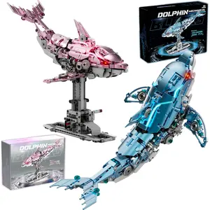 Technology Imitative Swimming Dolphin Building Set, 888pcs Glowing Mechanical Ocean Model, Creative Desktop Christmas Gift, Blue Options